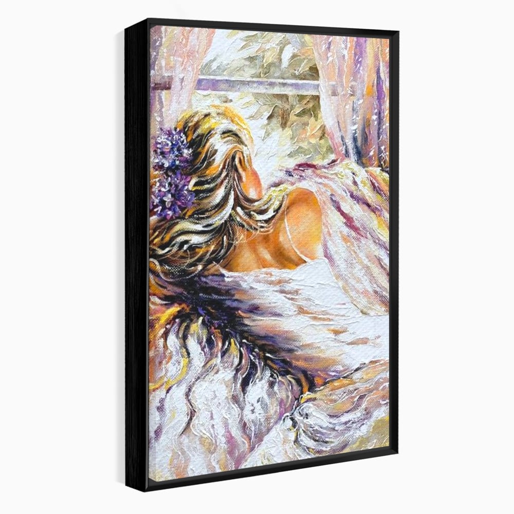 Tablou canvas cu tablou canvas cu femeie privind pe fereastra, in rama de aluminiu negru